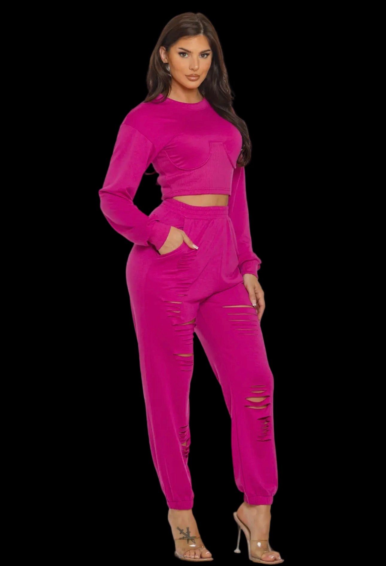 2PC Laser Cut Long-Sleeve Set