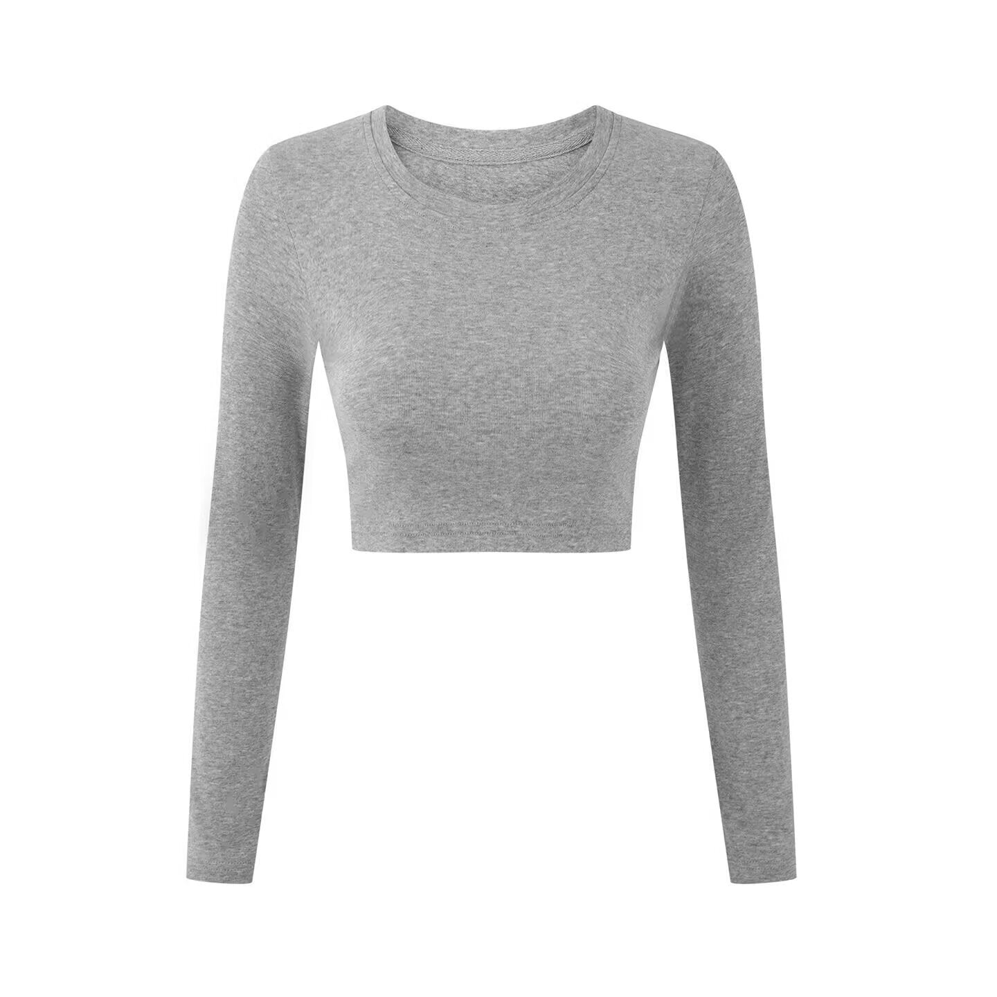 Round neck exposed navel short long sleeved pullover t-shirt