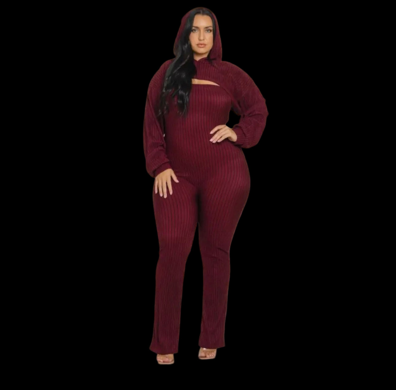 2PC Plus Size pinstripe hooded jumpsuit