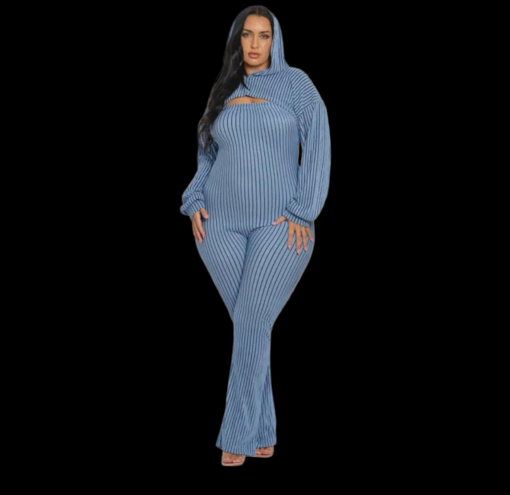 2PC Plus Size pinstripe hooded jumpsuit